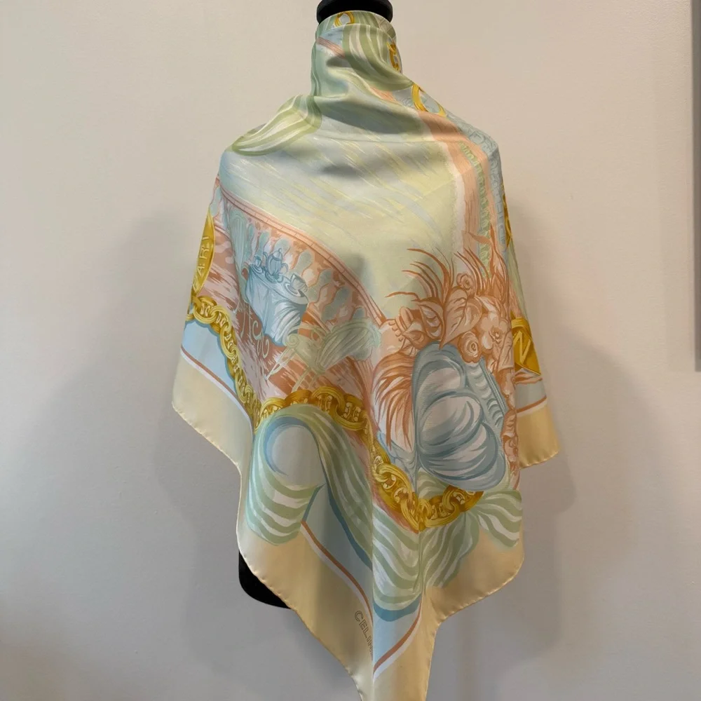 Celine Pastel Silk Scarf 90 Carré Chain Beige Gold Hand Rolled Made in France - Picture 3 of 11